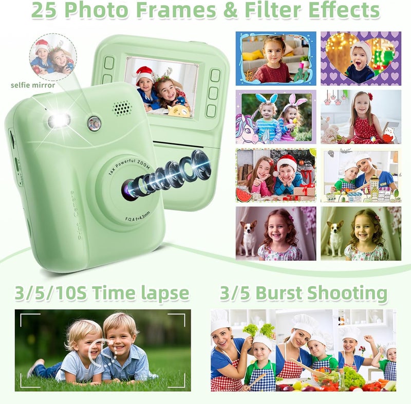 MINIBEAR Kids Camera Instant Print, Instant Print Camera for Kids Digital Camera Toddler Toys Christmas Birthday Gifts for 3 4 5 6 7 8 9 10 Year Old Boys Girls Video Camera with Print Paper, Green - Image 4